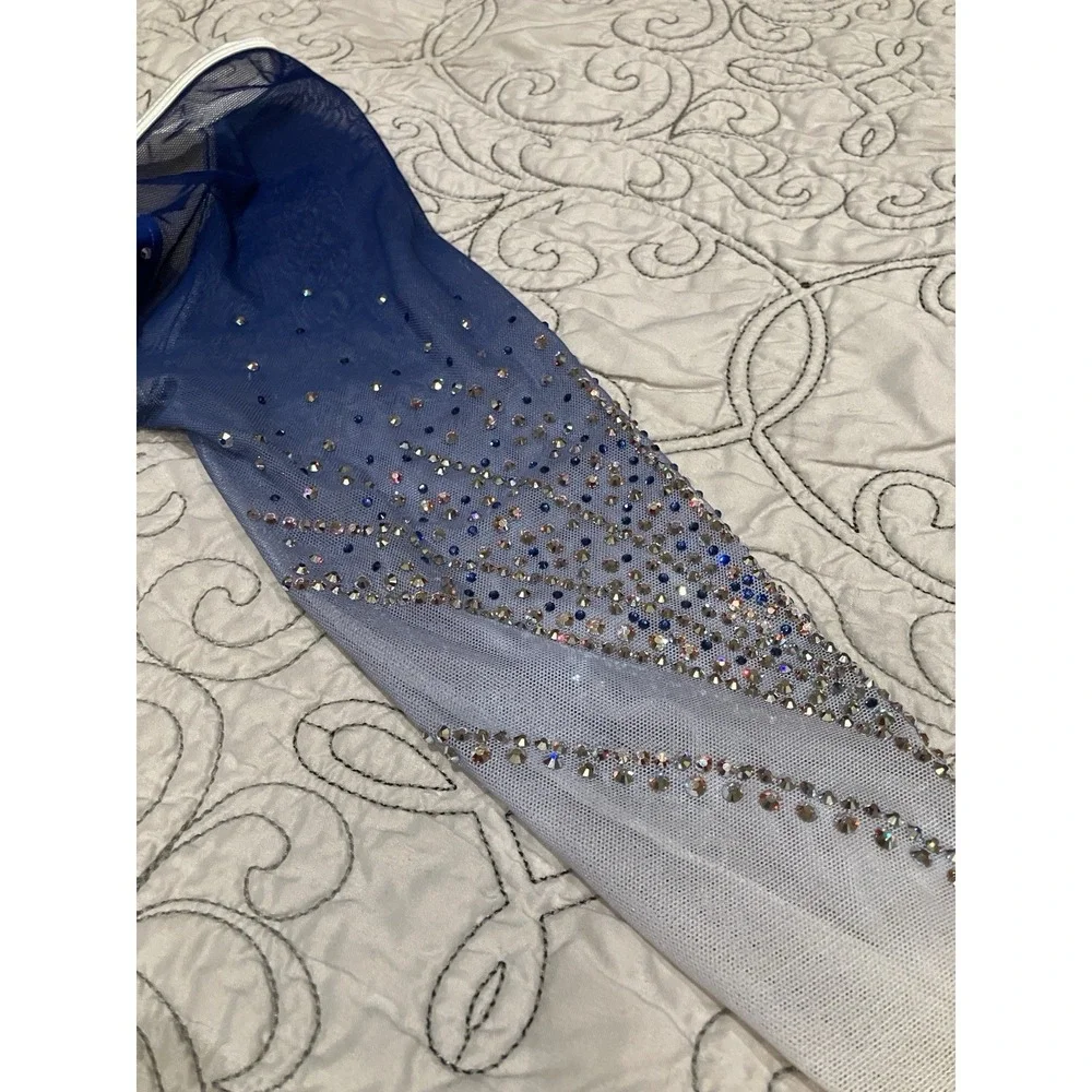 OZone Blue White Rhinestone Long Sleeve Gymnastics Leotard Adult XL